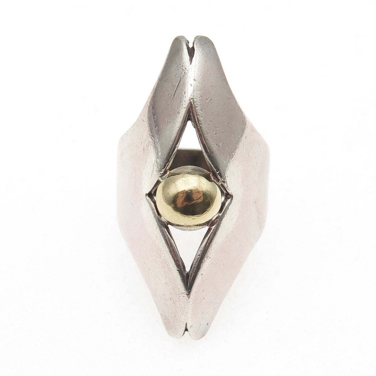 925 Sterling Silver 14K Gold Vintage Modernist Oxidized Ring Size 6.25