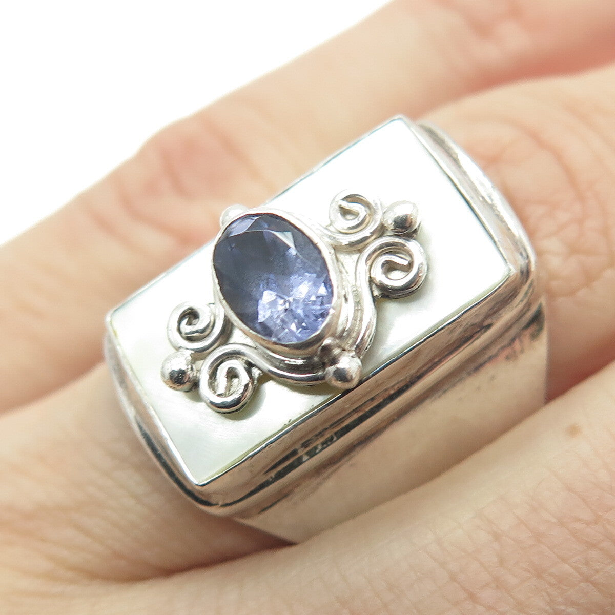 SAJEN 925 Sterling Silver Vintage Real Iolite MOP Swirl Adjustable Ring Size 6.5