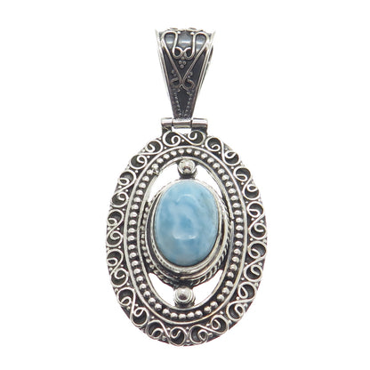 925 Sterling Silver Vintage Real Larimar Gemstone Boho Ornate Pendant