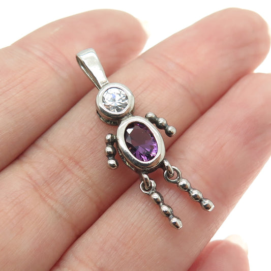 925 Sterling Silver Vintage Real Amethyst Gemstone & C Z Articulated Boy Pendant