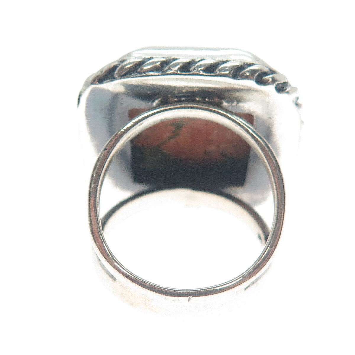 925 Sterling Silver Vintage Real Cushion-Cut Unakite Roped Bezel Ring Size 7.75