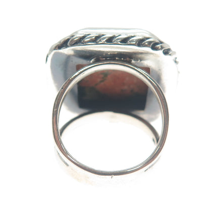 925 Sterling Silver Vintage Real Cushion-Cut Unakite Roped Bezel Ring Size 7.75