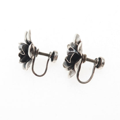 Danecraft 925 Sterling Silver Vintage Floral Oxidized Screw Back Earrings