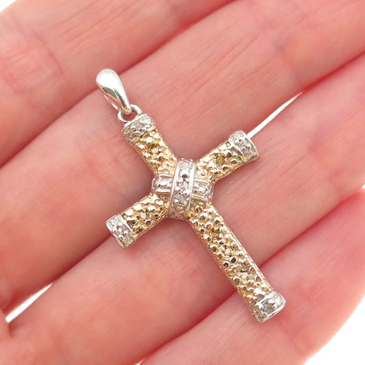 Chuck Clemency 925 Sterling Silver 2-Tone Real Round-Cut Diamond Cross Pendant
