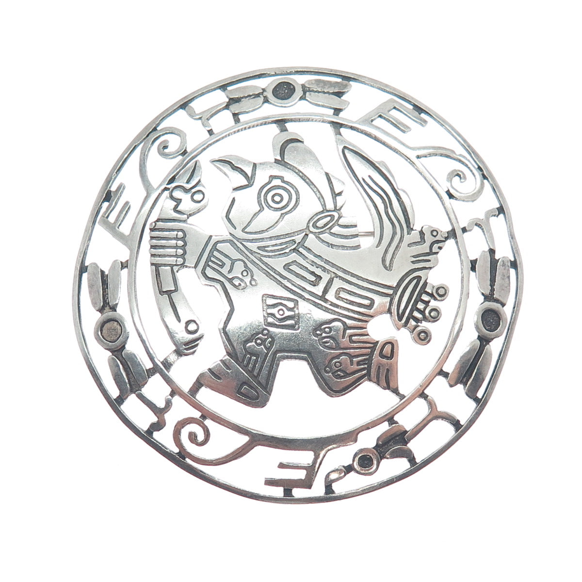 925 Sterling Silver Vintage Bird Symbol Aztec Warrior Oxidized Pin Brooch