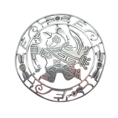 925 Sterling Silver Vintage Bird Symbol Aztec Warrior Oxidized Pin Brooch
