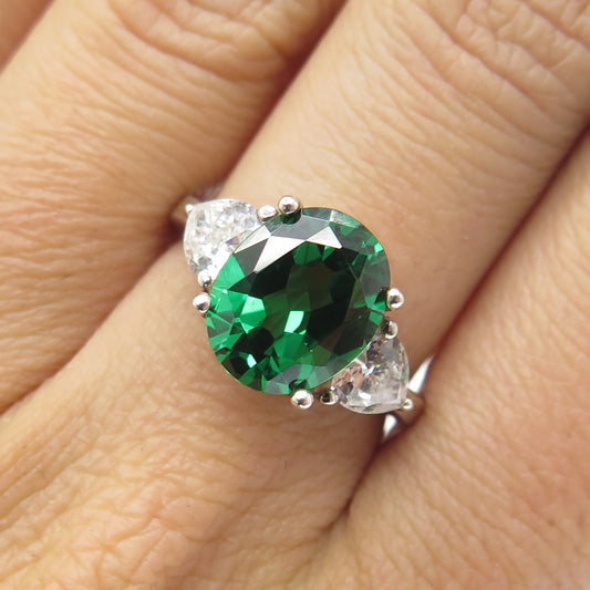 925 Sterling Silver Oval-Cut Green & Heart-Cut White C Z Ring Size 7.25