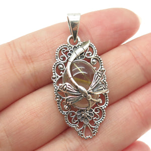 925 Sterling Silver Vintage Real Rutilated Quartz Dragonfly Oxidized Pendant