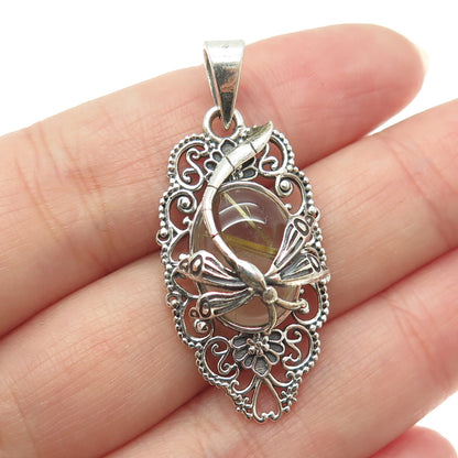 925 Sterling Silver Vintage Real Rutilated Quartz Dragonfly Oxidized Pendant