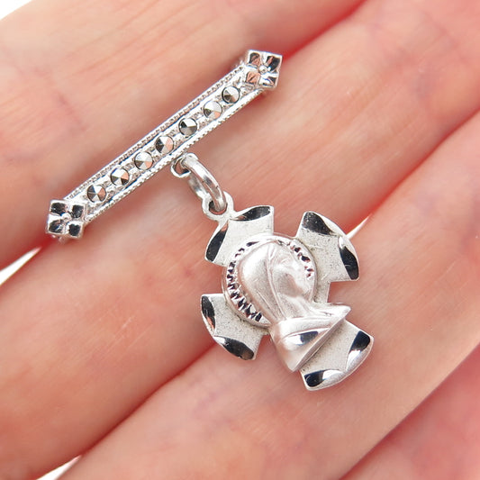 THEDA & CATAMORE 925 Sterling Silver Vintage Real Marcasite St Mary Cross Brooch