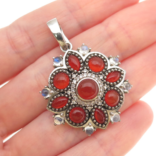 925 Sterling Silver Real Carnelian Moonstone & White Topaz Floral Pendant