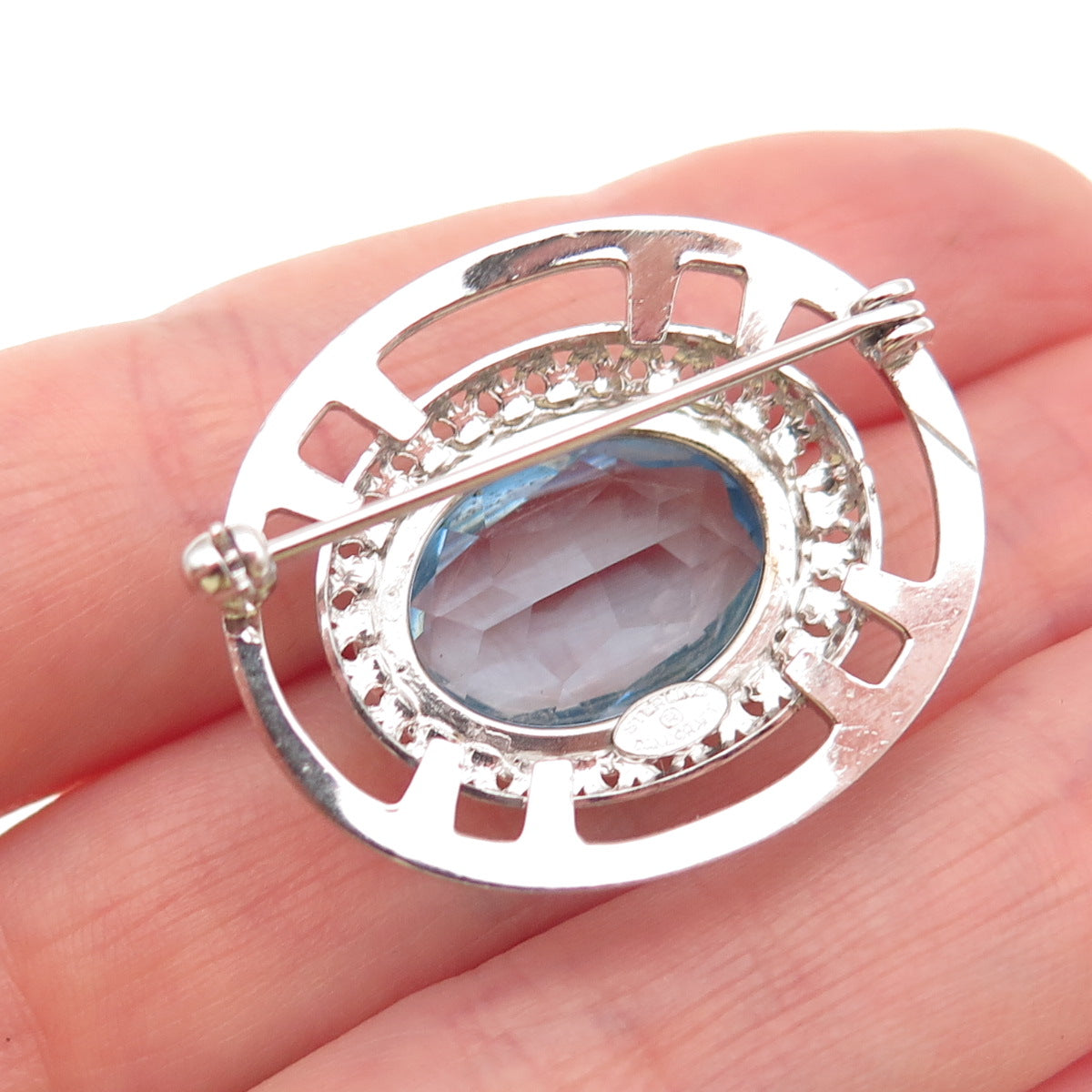 DANECRAFT 925 Sterling Silver Antique Art Deco Oval-Cut Blue Crystal Pin Brooch