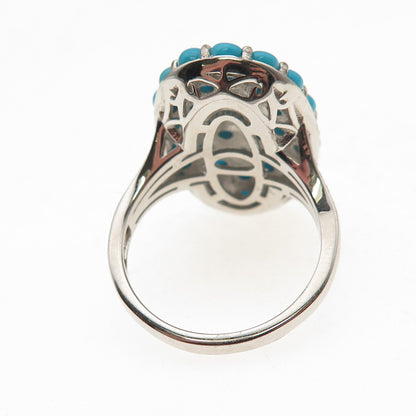 925 Sterling Silver Real Sleeping Beauty Turquoise & White Topaz Ring Size 8.25