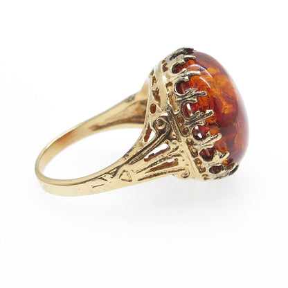 925 Sterling Silver Gold Plated Real Amber Crown Ring Size 6.25