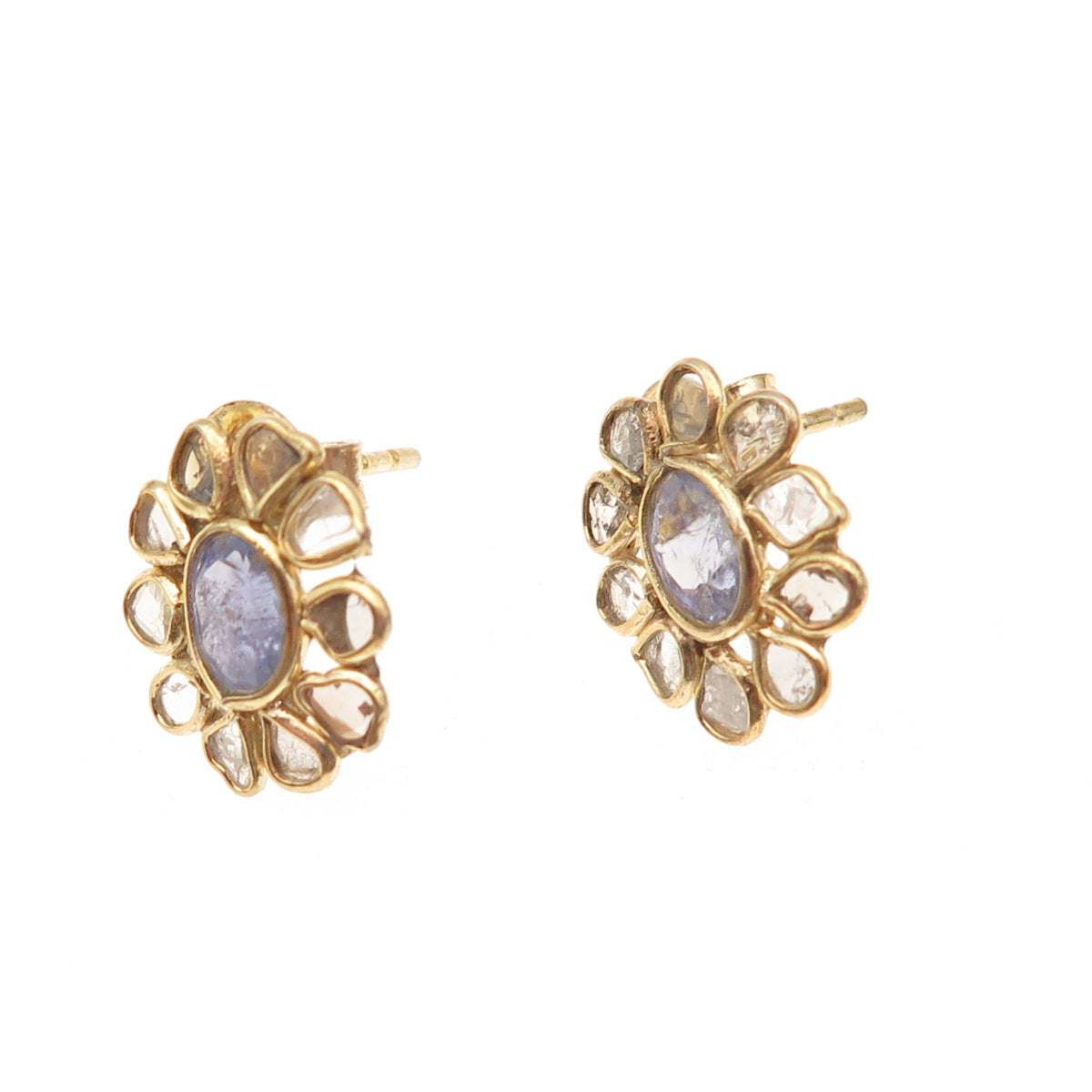 925 Sterling Silver Gold Plated Real Rose-Cut Diamond Tanzanite Floral Earrings