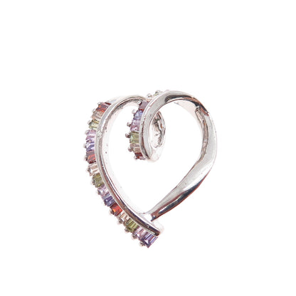 925 Sterling Silver Emerald-Cut Multi-Color C Z Heart Minimalist Charm Pendant