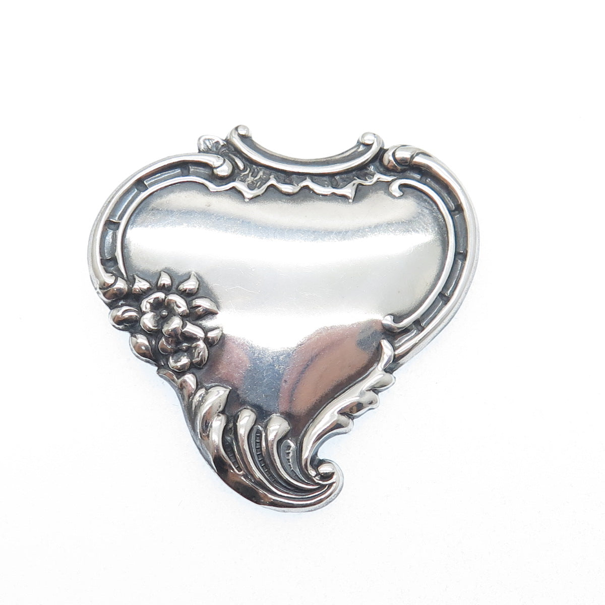 925 Sterling Silver Antique Art Deco Heart & Flower Repousse Oxidized Pin Brooch