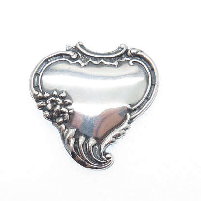 925 Sterling Silver Antique Art Deco Heart & Flower Repousse Oxidized Pin Brooch