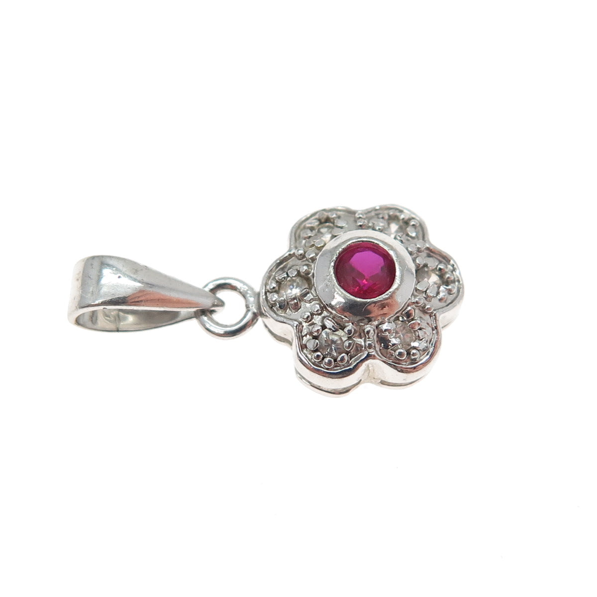 925 Sterling Silver Real Round-Cut Ruby & C Z Flower Minimalist Slide Pendant