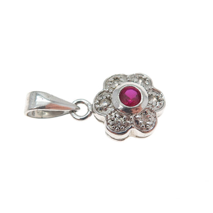 925 Sterling Silver Real Round-Cut Ruby & C Z Flower Minimalist Slide Pendant