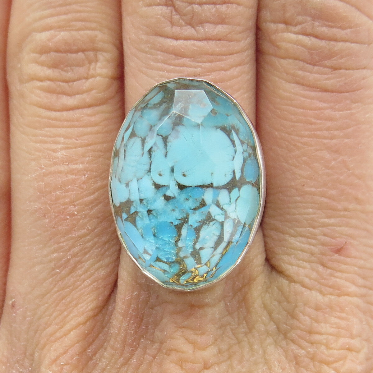 925 Sterling Silver Vintage Real Doublet Turquoise Adjustable Ring Size 7.75