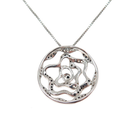 SAI 925 Sterling Silver Black & White C Z Flower Pendant Box Chain Necklace 18"