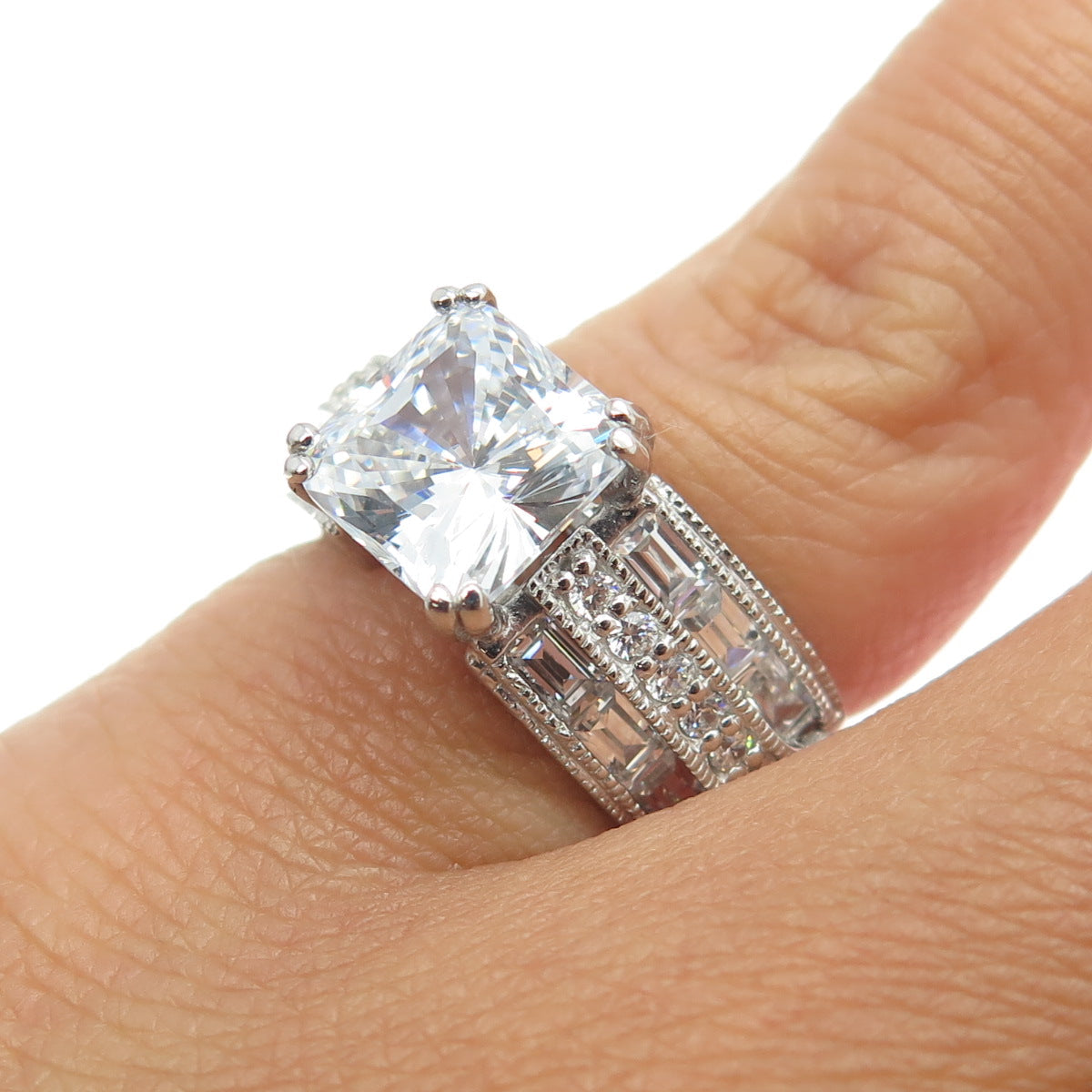 925 Sterling Silver Princess-Cut Round-Cut & Emerald-Cut Shaped C Z Ring Size 5