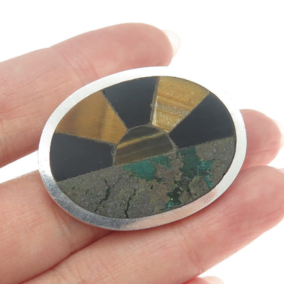 925 Sterling Silver Vintage Mexico Azurite Onyx Tiger Eye Sunrise Pin Pendant