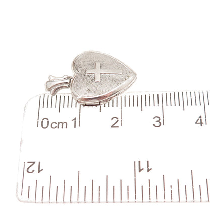 925 Sterling Silver Antique Art Deco Enamel Cross Heart Locket Charm Pendant