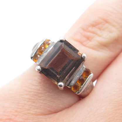 925 Sterling Silver Vintage Real Emerald-Cut Smoky Quartz & Citrine Ring Size 6