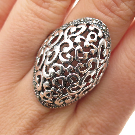 925 Sterling Silver Vintage Real Marcasite Ornate Oxidized Ring Size 8.25