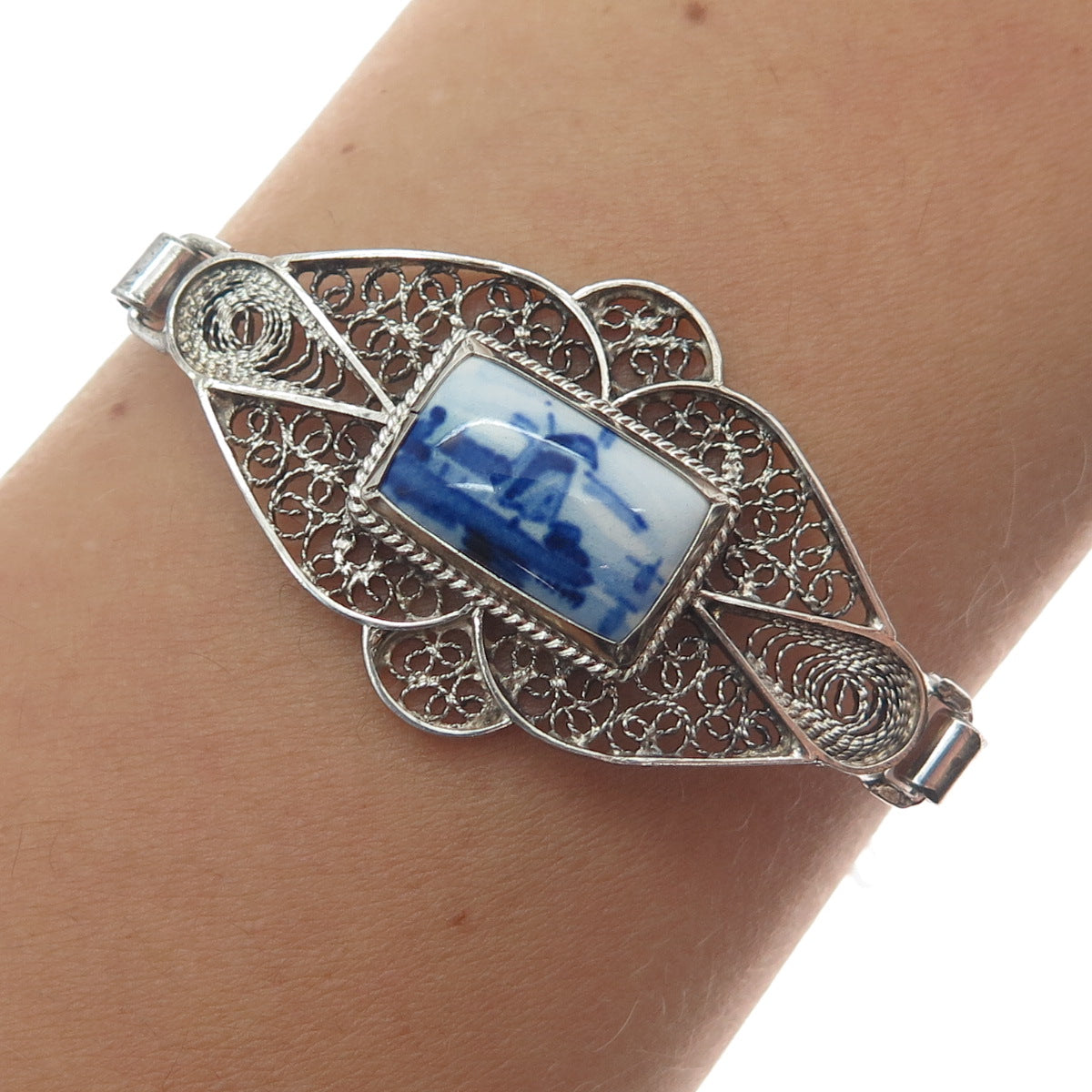 DELFT 835 Silver Vintage Dutch Ceramic Old Windmill Filigree Bracelet 6.75"