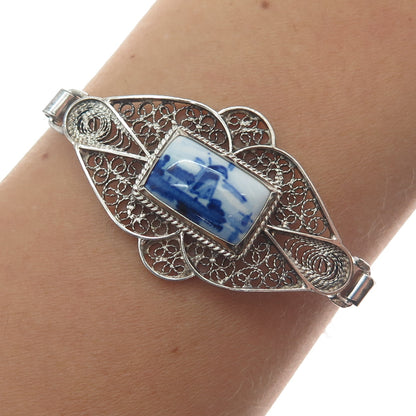 DELFT 835 Silver Vintage Dutch Ceramic Old Windmill Filigree Bracelet 6.75"