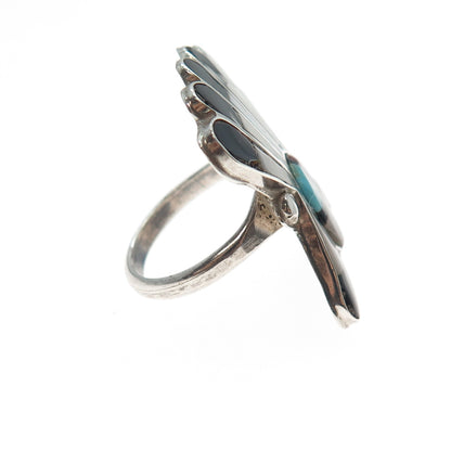 Old Pawn Zuni 925 Sterling Turquoise Coral Onyx MOP Indian Chief Ring Size 5.25