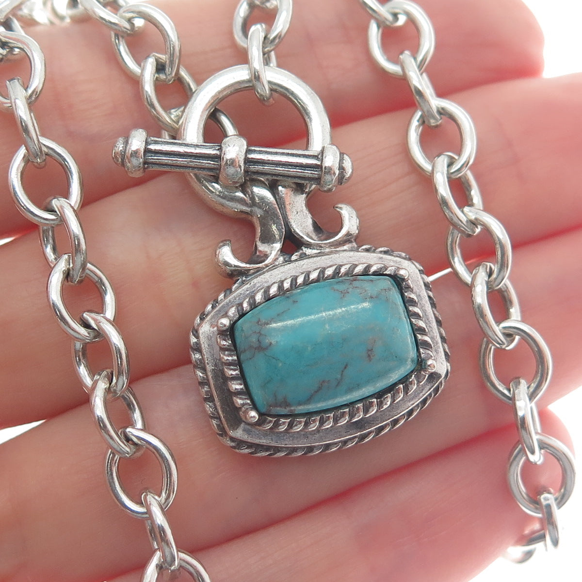 ROSS SIMONS 925 Sterling Vintage Real Tyrone Turquoise Rolo Chain Necklace 16"