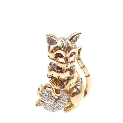 925 Sterling Gold Plated Real Diamond Red Garnet Cat Heart Brooch Slide Pendant