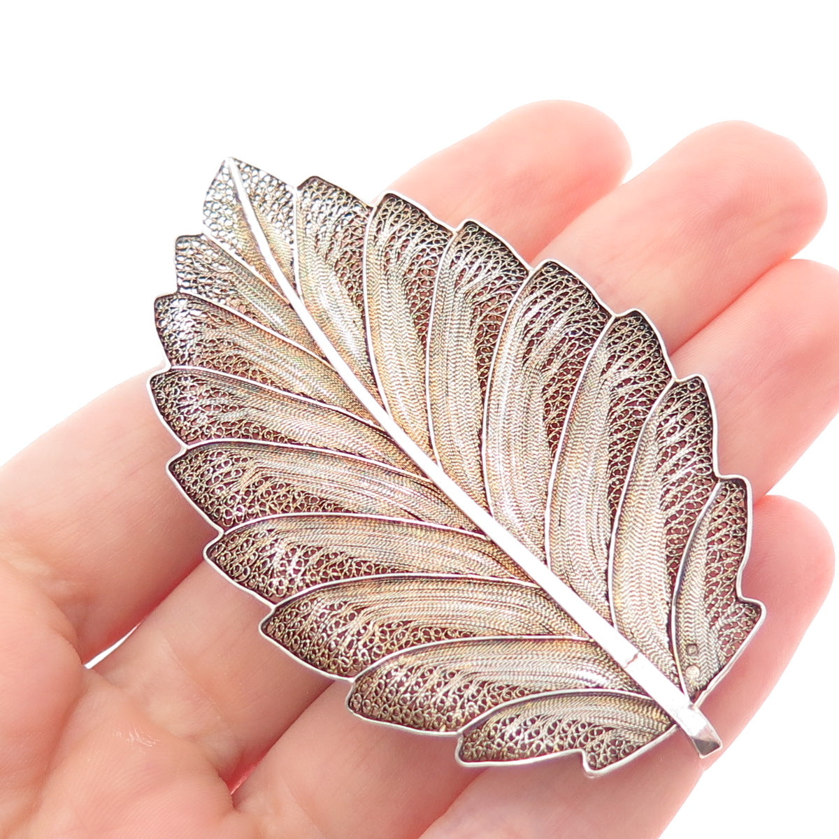 925 Sterling Silver Gold Plated Vintage GV Portugal Filigree Floral Leaf Brooch