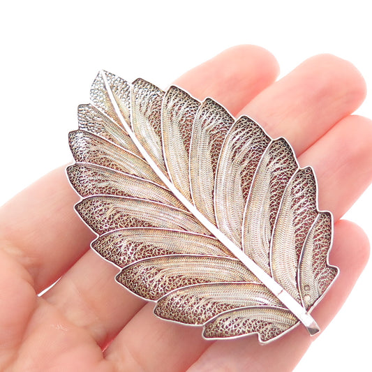 925 Sterling Silver Gold Plated Vintage GV Portugal Filigree Floral Leaf Brooch