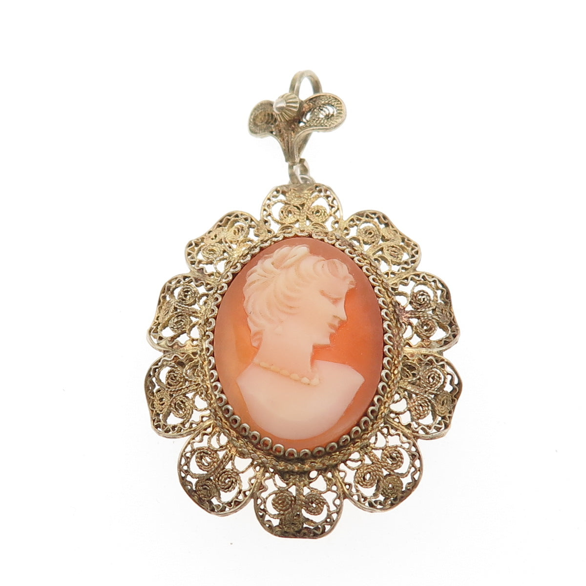 900 Silver Gold Plated Vintage Real MOP Carved Lady Cameo Pin Brooch / Pendant