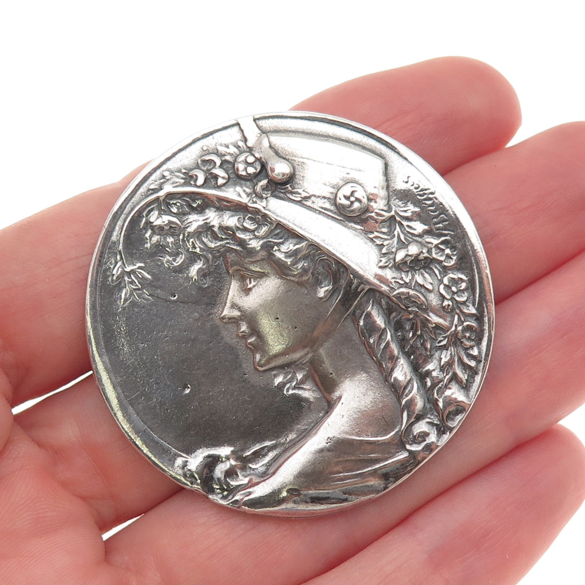 Armand Bargas 925 Sterling Silver Vintage Lady Cameo Oxidized Pin Brooch Pendant