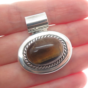 925 Sterling Silver Vintage Mexico Real Tiger Eye Gemstone Slide Pendant