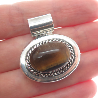 925 Sterling Silver Vintage Mexico Real Tiger Eye Gemstone Slide Pendant