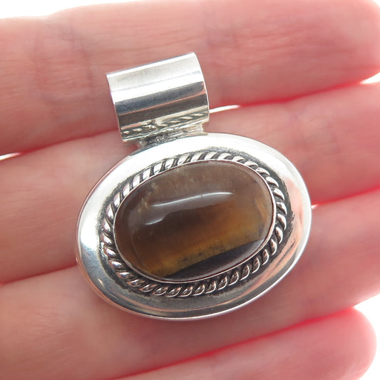 925 Sterling Silver Vintage Mexico Real Tiger Eye Gemstone Slide Pendant