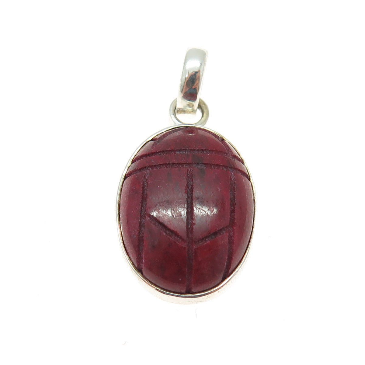 925 Sterling Silver Vintage Real Red Jasper Gemstone Scarab Pendant