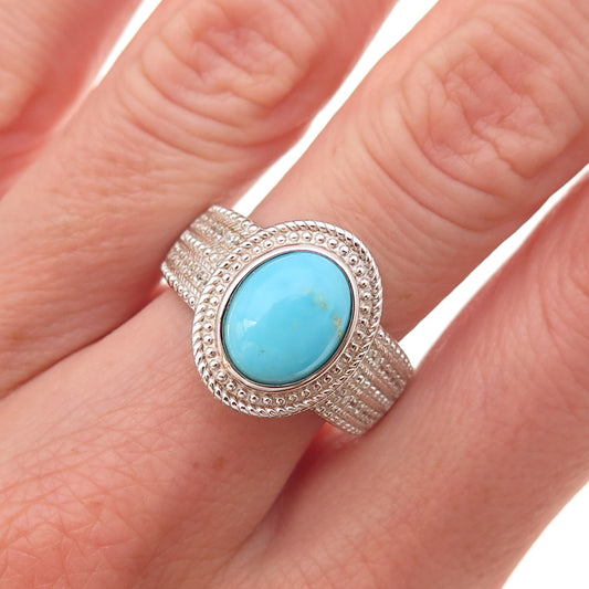 925 Sterling Silver Real Sleeping Beauty Turquoise & White Topaz Ring Size 8