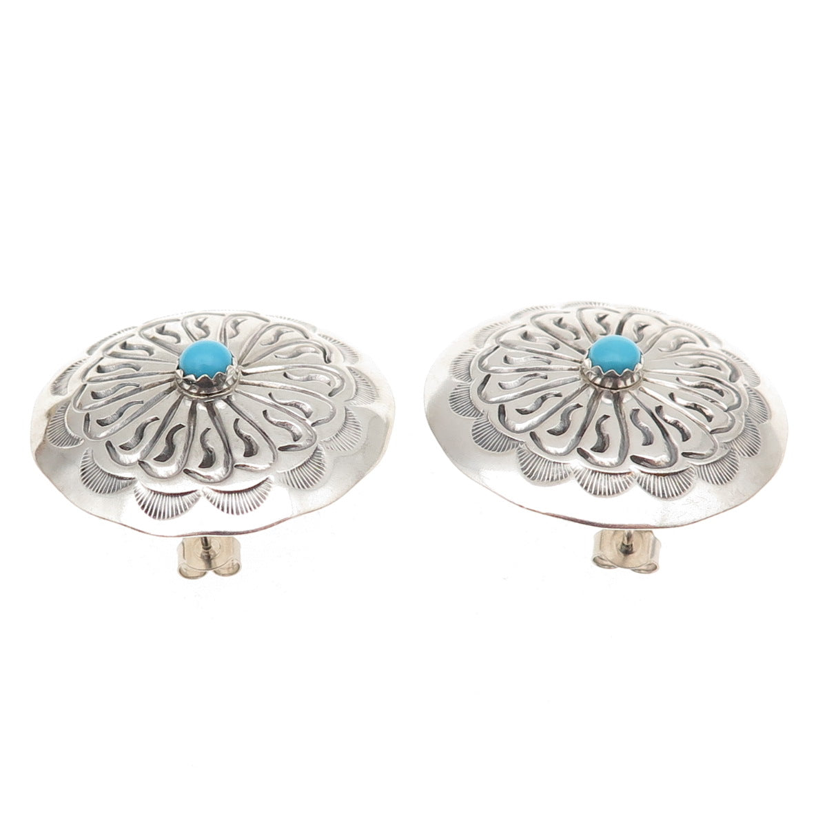 Old Pawn 925 Sterling Silver Vintage Turquoise Snake Eye Concho Tribal Earrings