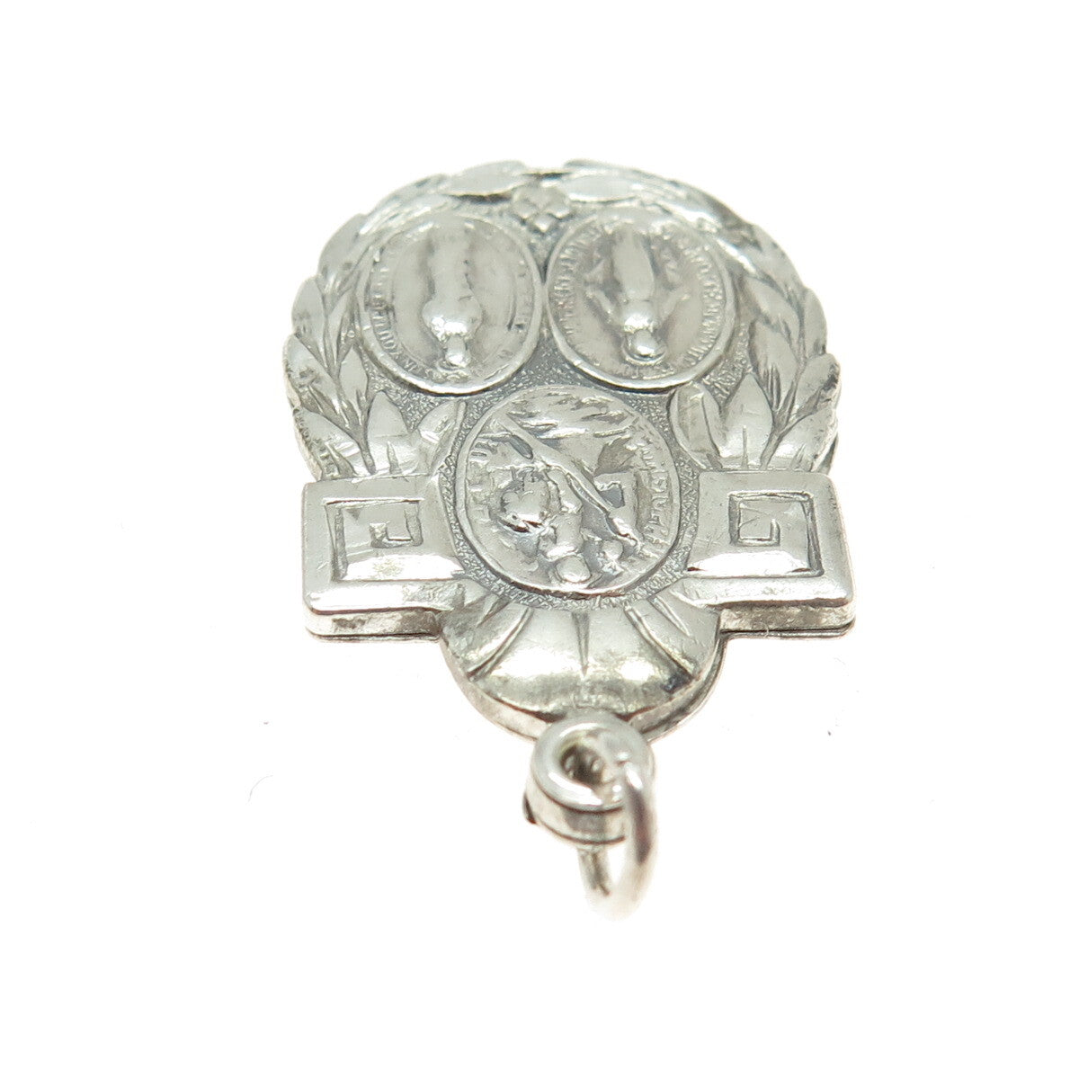 925 Sterling Silver Antique Art Deco Jesus St. Mary & Christopher Medal Pendant