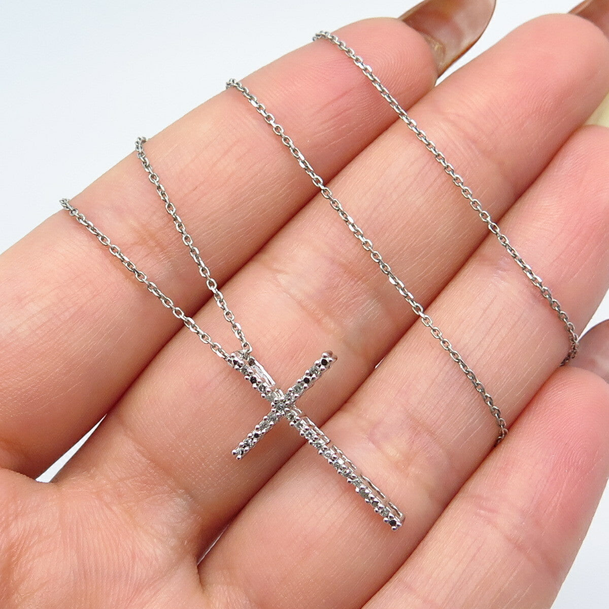 925 Sterling Silver Italy SUN White Diamond Cross Rolo Chain Necklace 16"