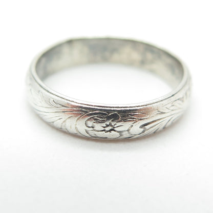 925 Sterling Silver Antique Art Deco Engraved Flower Band Ring Size 5.75