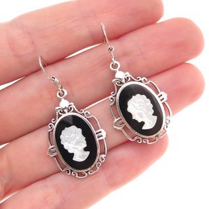 Ken Crafts 925 Sterling Vintage Real MOP & Black Onyx Lady Cameo Dangle Earrings
